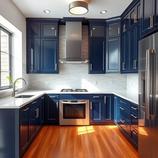 Beautifully painted navy blue cabinet doors in a transformed kitchen with white countertops and gray backsplash.