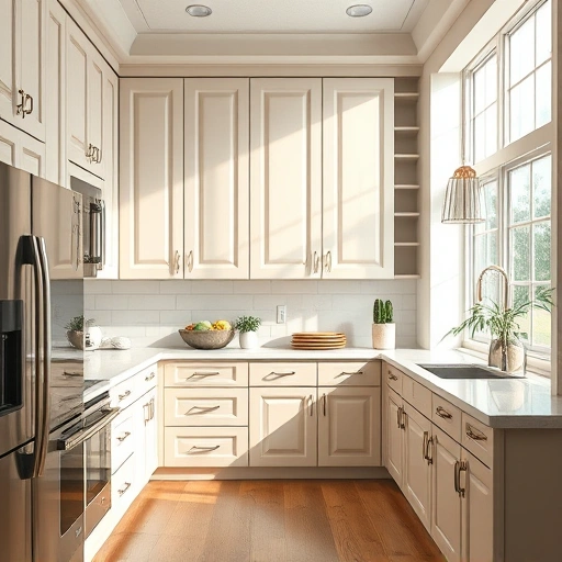 Elegant kitchen with beautifully painted cabinets in soft colors, natural light, and tasteful decor in Highland Park TX.