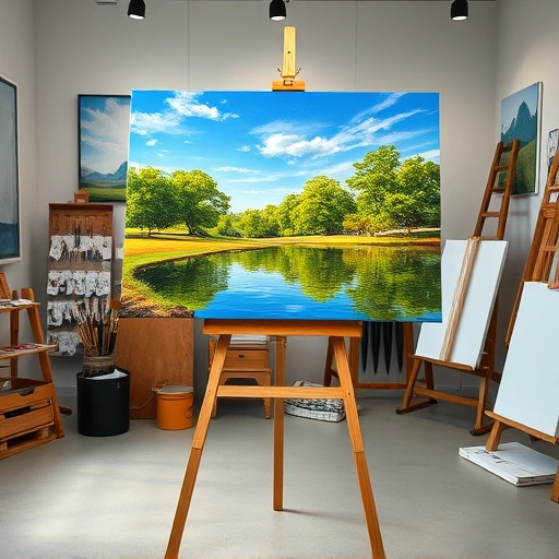 Completed vibrant landscape painting in professional studio with art supplies and inspiring atmosphere in Plano TX
