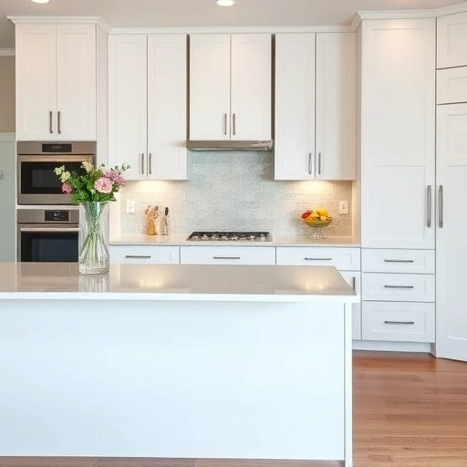 Freshly painted matte white cabinets in a modern kitchen with quartz countertops and polished hardwood floors.