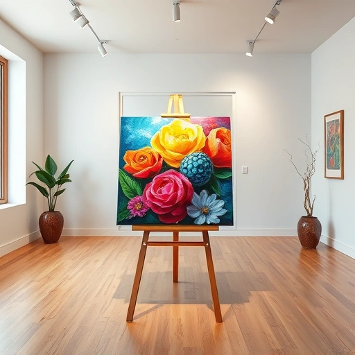 Completed painting in Royse City TX on easel in contemporary gallery with polished floors and soft lighting.