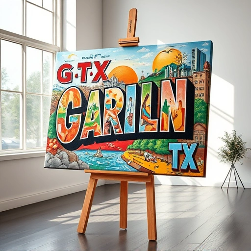 Vibrant mural on easel in a well-lit studio, showcasing Garland TX cultural elements and nature scenes.
