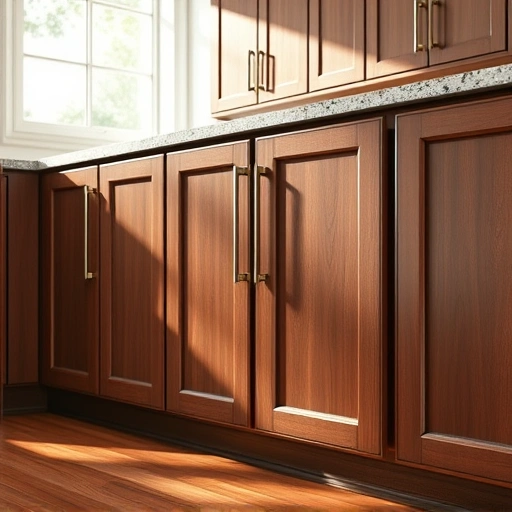 Soft close hinge installation in elegant kitchen cabinets with rich wood finish, natural light, and polished granite countertop.
