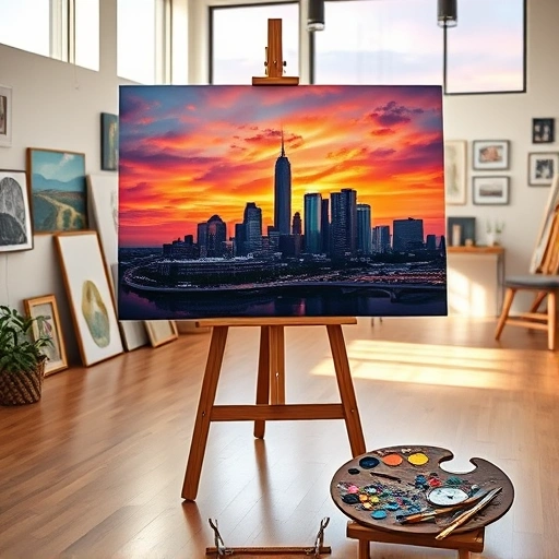 Completed painting of Dallas skyline at sunset in modern art studio with natural light and vibrant colors.