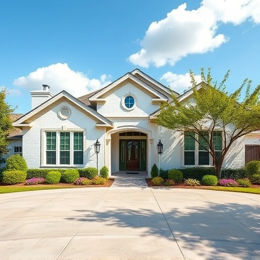 Charming single-family home in Garland TX with freshly lime-washed facade, lush landscaping, and clear blue sky.