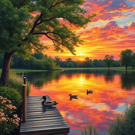 Vibrant sunset over tranquil lake in Garland TX with lush greenery, wildflowers, and a quaint wooden dock.