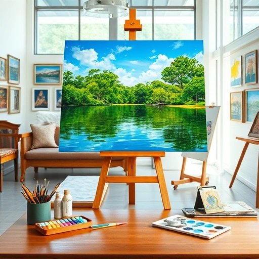 Vibrant landscape painting in a modern studio with natural light, art supplies, and framed artworks on walls.