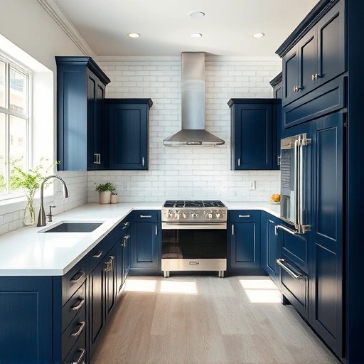 Cabinet painting in Balch Springs TX featuring navy blue cabinets, white quartz countertops, and modern stainless steel appliances.