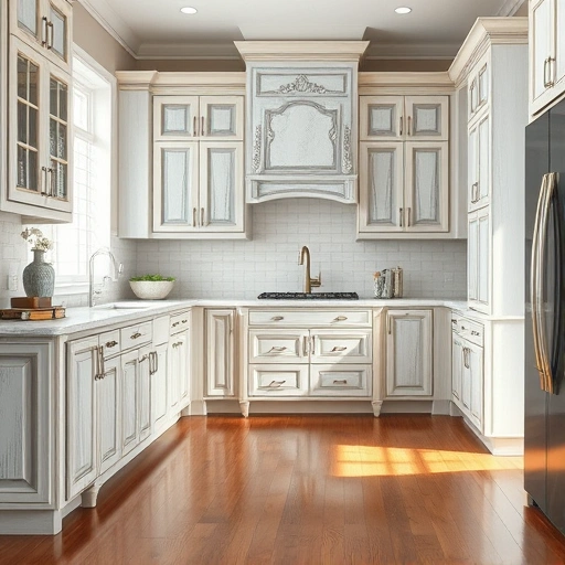 Distressed kitchen cabinets in pale blue and creamy white in a bright airy space with polished hardwood floors.