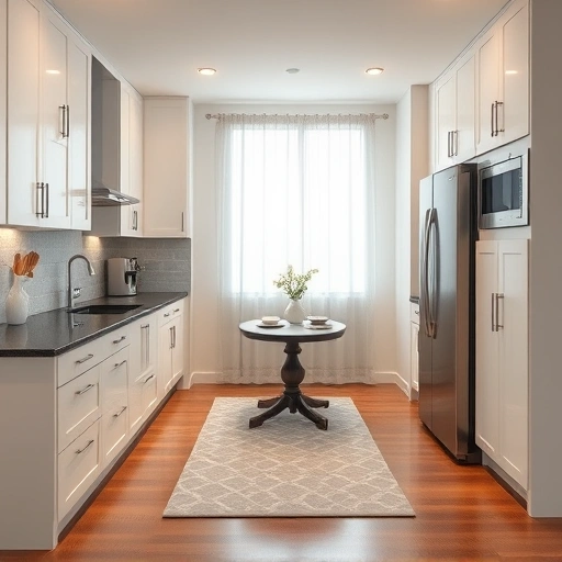 Freshly painted glossy white kitchen cabinets in Garland TX, modern design with dark granite countertops and light gray backsplash.