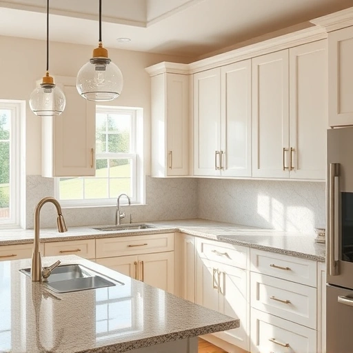 Cabinet painting in Josephine, TX, showcasing a transformed kitchen with soft colors and a polished granite countertop.