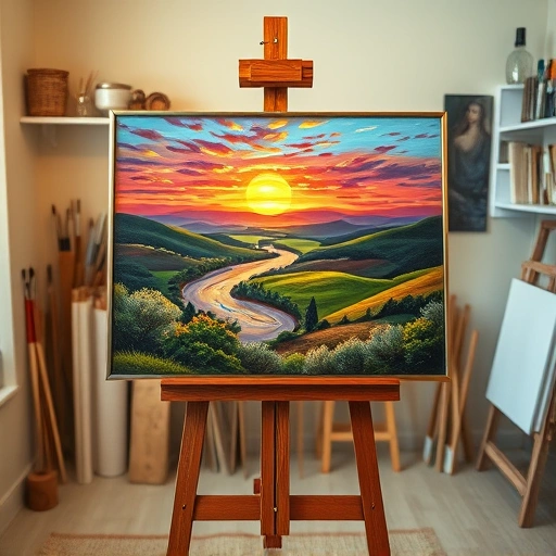 Completed painting of a serene landscape with vibrant colors, framed on an easel in a cozy art studio.