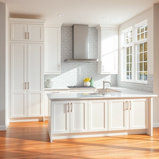 Modern kitchen in Melissa TX with elegantly painted white and light gray cabinets and polished quartz countertops.
