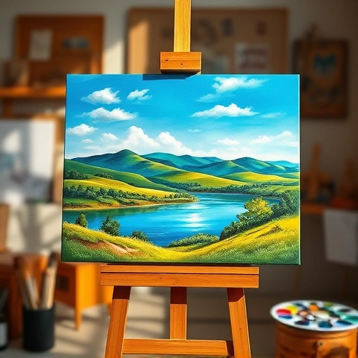 A completed painting in Melissa TX shows a vibrant landscape with rolling hills, a serene lake, and lush greenery.