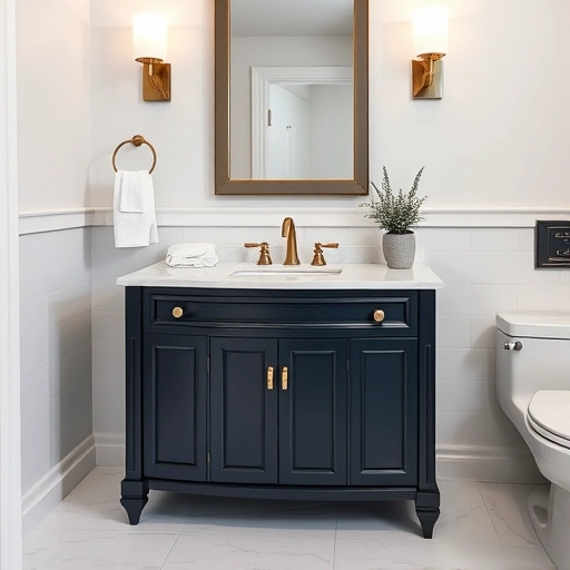 Custom-painted bathroom vanity in rich navy blue and gray with brass hardware in a modern Garland TX setting.