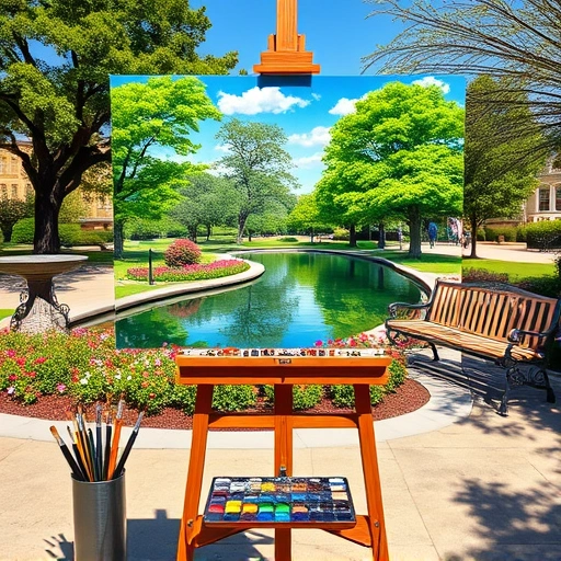 Completed painting of a vibrant University Park landscape with trees, flowers, and a tranquil pond on an easel.