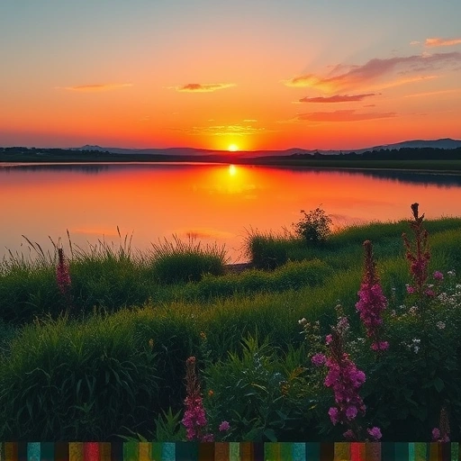 Vibrant sunset over calm lake in Garland TX with reflections, lush greenery, blooming wildflowers, and distant hills.