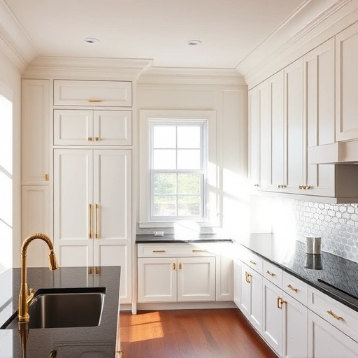 Completed cabinet crown molding installation in a sleek Garland TX kitchen with elegant cabinetry and rich granite countertops.