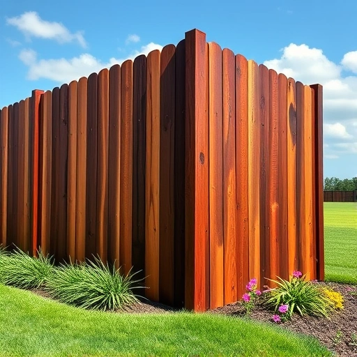 Completed fence staining project in Garland TX with rich wood color, vibrant landscaping, and clear blue sky.