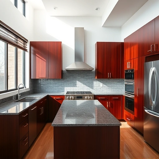 Beautifully finished kitchen in Garland TX with glossy cabinetry, fine wood grain details, and natural light enhancing elegance.