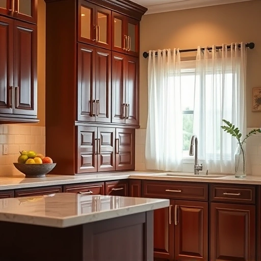 Beautifully painted kitchen cabinets in Mesquite TX with glossy finish and modern hardware, warm tones, and stylish decor.