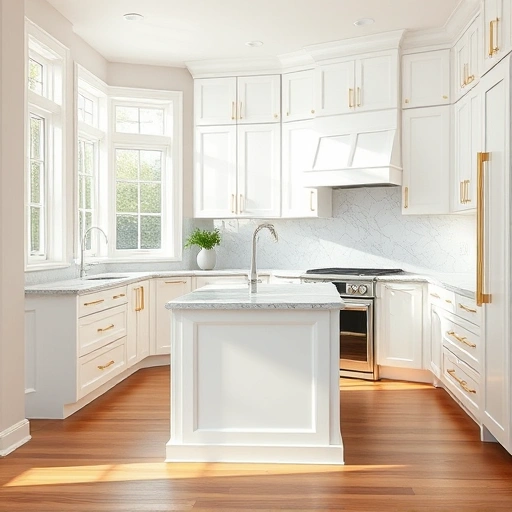 Stylish kitchen with glossy white cabinets, gold hardware, marble countertop, and a mosaic backsplash in University Park.
