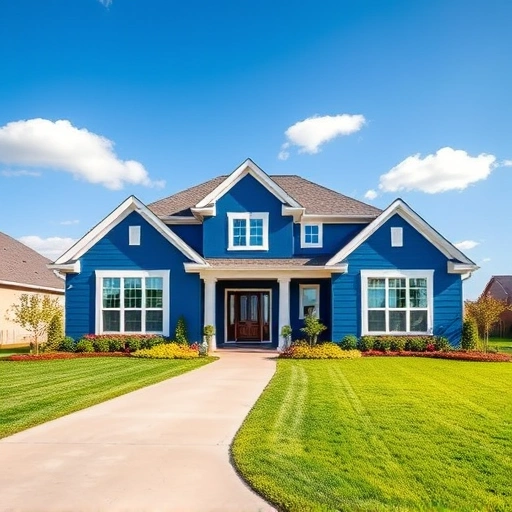 Vibrant exterior painting of a modern house in Garland TX with blue façade, white trim, and manicured lawn.