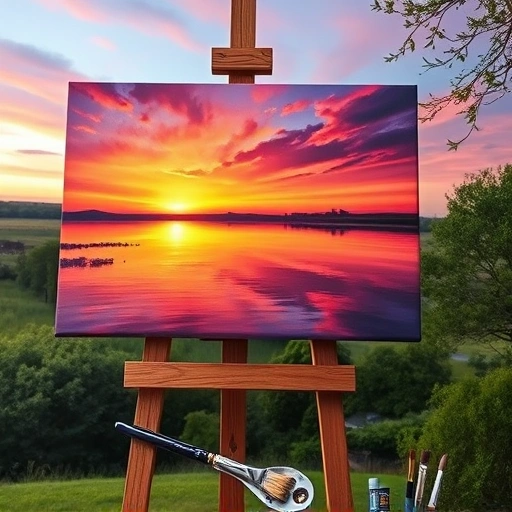 Vibrant sunset painting over The Colony TX with reflection in a tranquil lake and detailed easel and brushes.
