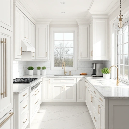 Luxurious kitchen in Sunnyvale TX with glossy white cabinets, marble countertops, and stylish subway tile backsplash.