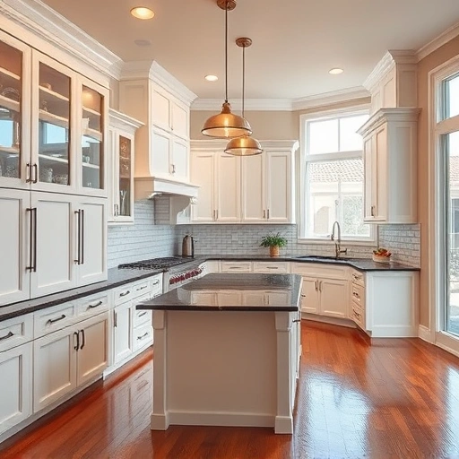 Cabinet painting in Dallas featuring sleek white cabinets, dark granite countertops, and stylish subway tile backsplash.