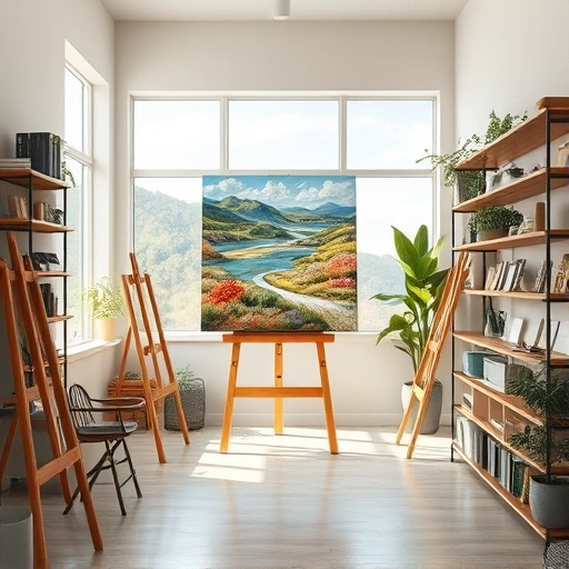 Completed painting in a chic art studio in Celina, TX, featuring a serene landscape with vibrant colors and details.