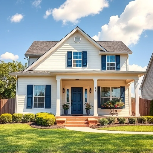 Completed residential painting in Garland TX, featuring cream-colored exterior and navy blue shutters with flowers.