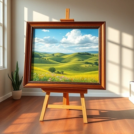 Completed landscape painting in Prosper TX, featuring vibrant Texas colors, framed elegantly on a wooden easel.