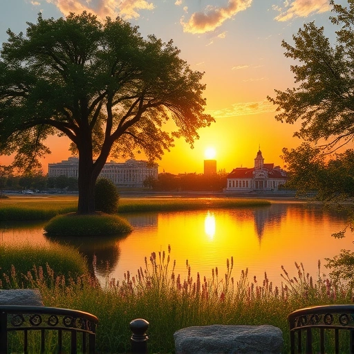 Vibrant landscape of Garland TX showcasing lush parks, Lake Ray Hubbard at sunset, and iconic city architecture.