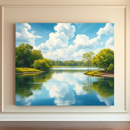Completed painting of a vibrant Rowlett TX landscape with a serene lake, lush greenery, and detailed textures.