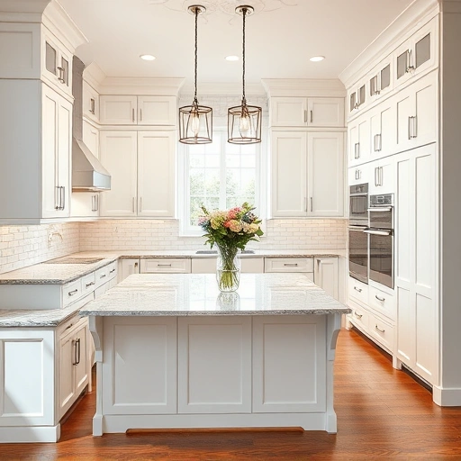 Stunning kitchen in Dallas with glossy white cabinets, elegant molding, polished quartz countertops, and natural light.