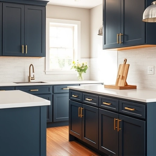 Cabinet painting in Anna TX showcases navy blue cabinets with gold handles, white quartz countertops, and warm hardwood flooring.