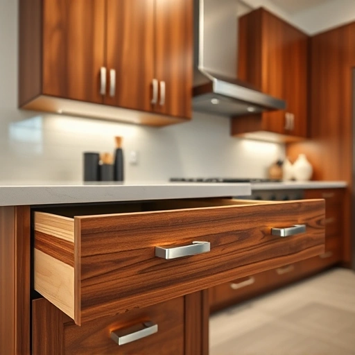 Modern kitchen with polished wood cabinet drawer fronts, brushed nickel handles, and elegant accessories in Garland TX.