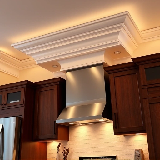 Crown molding installation in a modern Garland TX kitchen with dark wood cabinets and elegant white molding details.