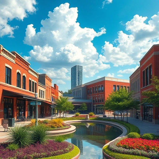 Vibrant downtown Garland scene with brick buildings, lush park, flowers, and the Garland Cultural Arts Center.