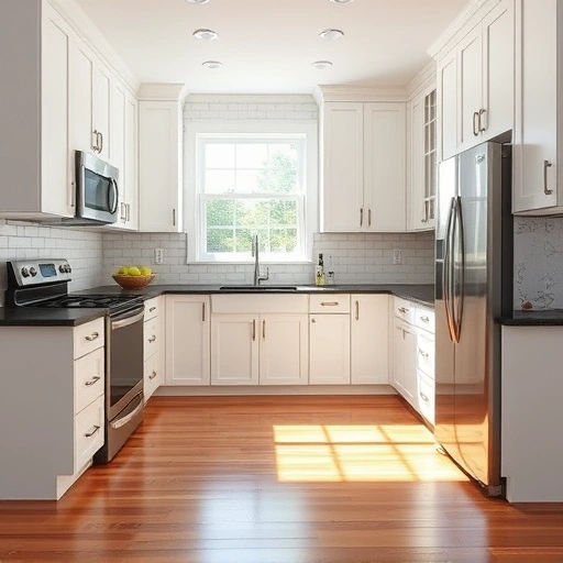 Transformed kitchen in Garland TX features white cabinets, dark granite countertops, and glossy subway tile backsplash.