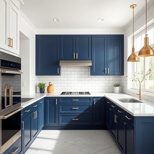 Navy blue kitchen cabinets with white trim and quartz countertops in a modern Highland Park setting.