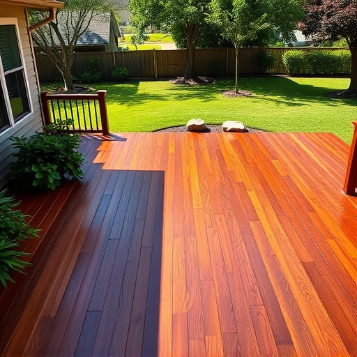 Perfectly stained cedar deck in Garland TX, surrounded by vibrant plants and a well-kept lawn in a serene setting.