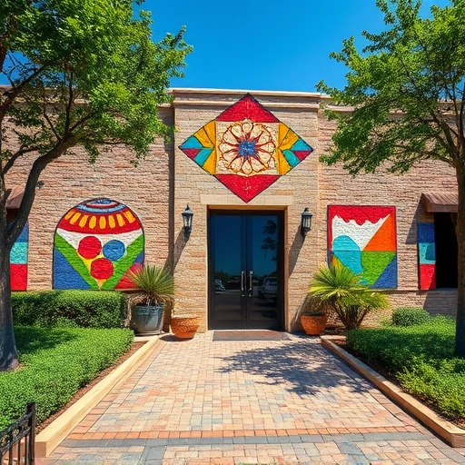 Masonry painting in Garland TX with vibrant patterns, lush greenery, and a charming cobblestone pathway.