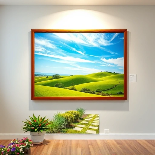 Vibrant landscape painting of Fairview TX with green hills, blue sky, flowers, and a serene garden pathway.