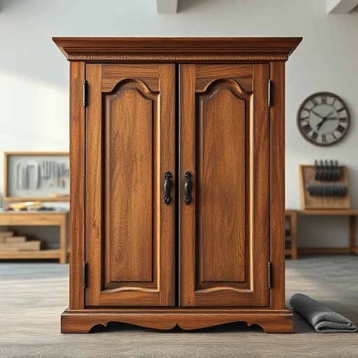 Beautifully distressed wooden cabinet in modern workspace with natural wood grain and ornate handles in Garland TX.