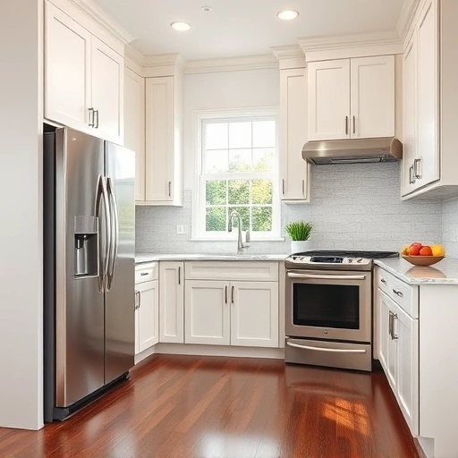 Stunning kitchen in Melissa TX with elegantly painted cabinetry, marble countertops, and modern appliances.