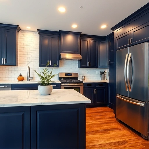 Beautiful navy blue kitchen cabinets with white quartz countertops and warm lighting in The Colony, TX.
