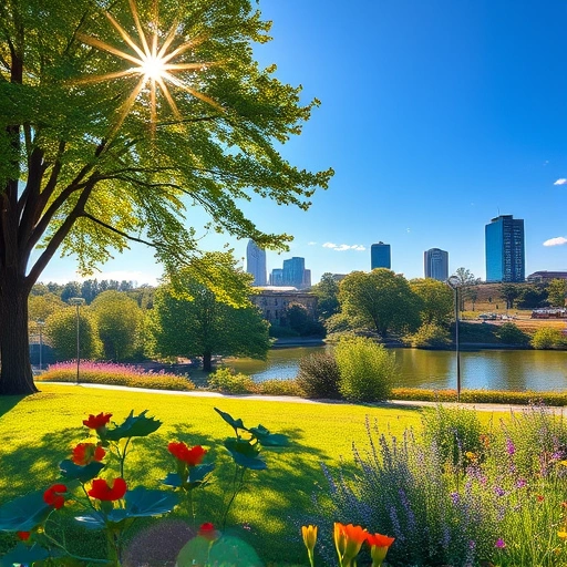 Vibrant landscape of Garland TX featuring a serene park, colorful wildflowers, and a tranquil lake under a blue sky.