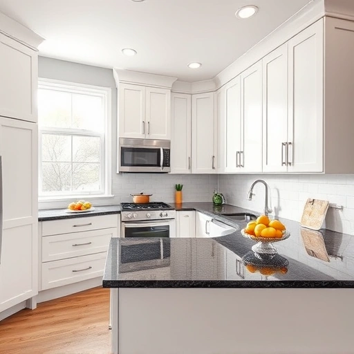 Cabinet Stain Conversion to Paint in Garland TX showcasing modern white cabinets, dark granite countertop, and stainless steel appliances.